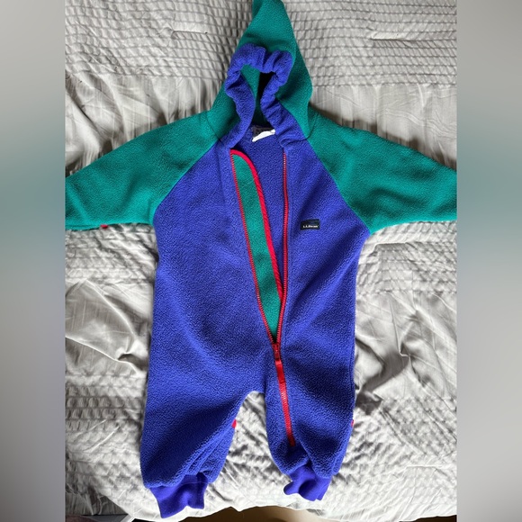 L.L. Bean Vintage Kids Fleece Bunting Toddlers 12M Green Blue Hood Color Block - Picture 7 of 7